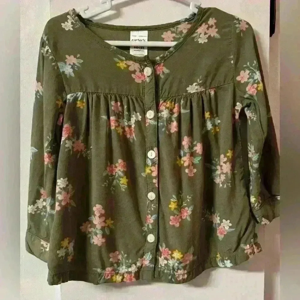 Old Navy top 18m olive green with floral print EUC